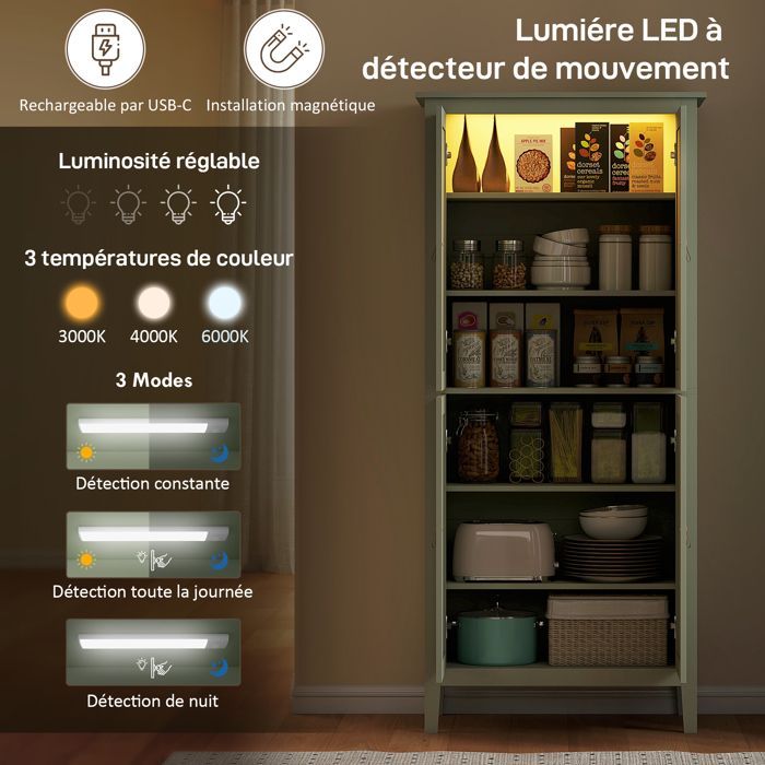 Buffet cuisine - HOMCOM - LED réglable et détecteur de mouvement - étagères réglables - MDF - 80 x 40 x 176,5 cm - vert