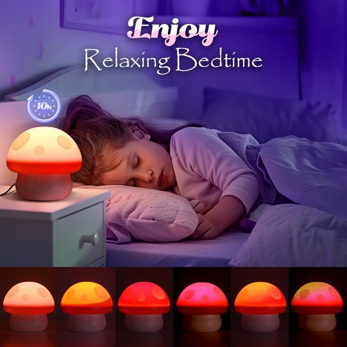 Veilleuse champignon pour enfant ATOPDREAM,Etoiles + licornes + sirènes interchangeables,Rotation à 360°,minuteur,Rouge