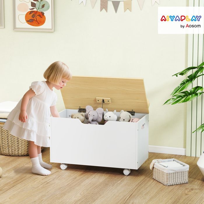Children's toy chest - AIYAPLAY - on wheels - hinged lid - safety hinges - MDF - 59 x 30 x 53 cm - white