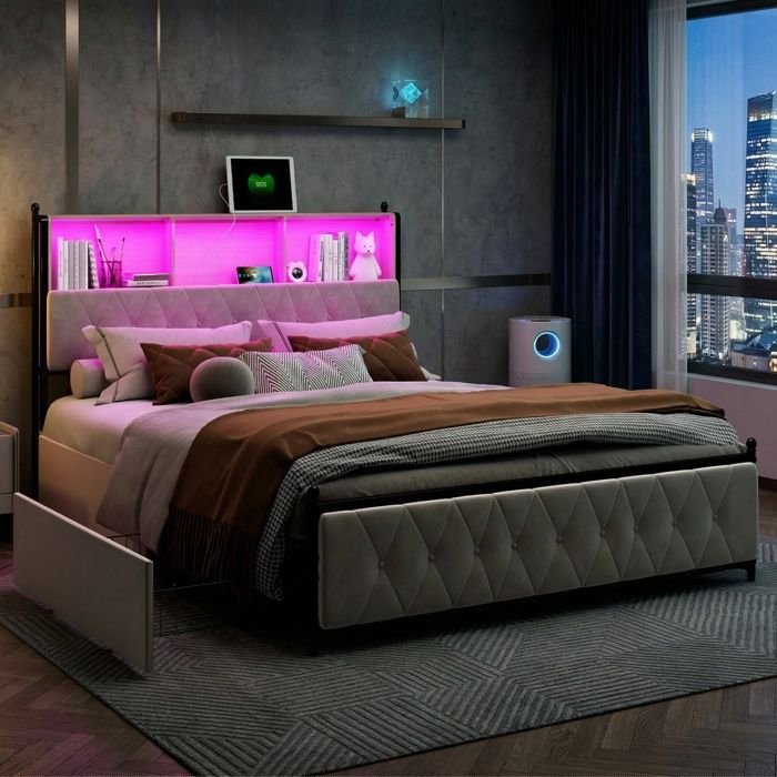 Cama adulta de 180x200 cm - Cama con almacenamiento y 4 cajones - Cama tapizada con iluminación LED y puertos USB - Andeonline - Terciopelo beige