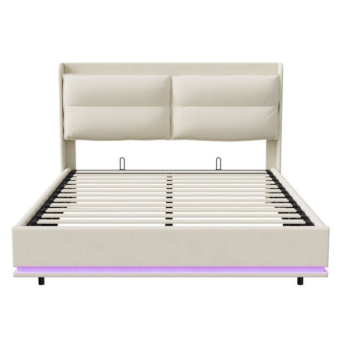 Lit coffre 140x190 - SUNFECILI - Velours beige - LED réglable - Chargement USB - Dossier amovible