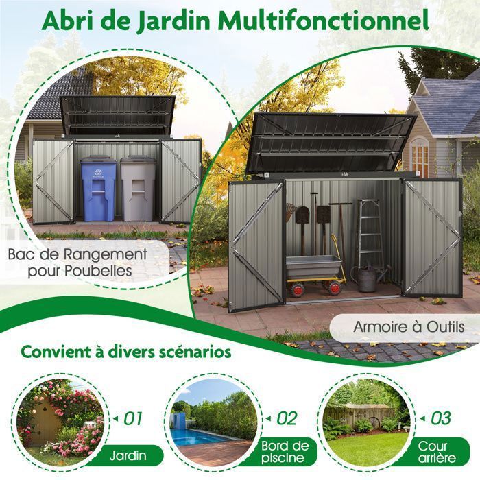 Caseta de jardín metálica COSTWAY para exteriores - 1,52 m² (159 x 95,5 cm) - Tapa con apertura a 40° y barras de aire - 2 puertas con pestillos - Gris