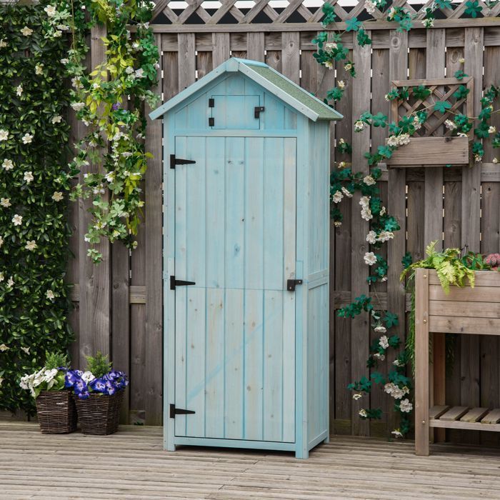 Tuinschuur - Outsunny - gereedschapsschuur met 3 schappen, 2 deuren, bitumen dak, buitenopslag - hout - 77x54x179cm - blauw