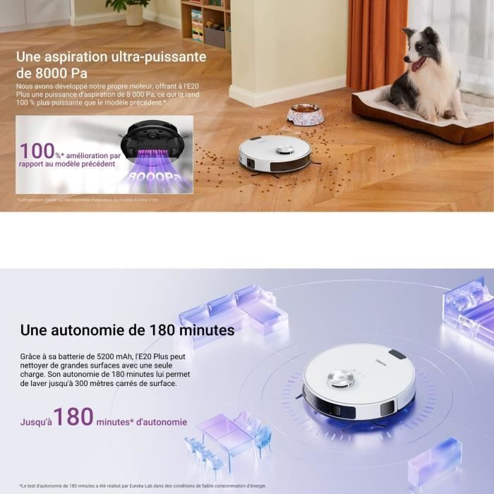 EUREKA E20 Plus - Robot aspirapolvere con stazione di svuotamento automatica - 8000 Pa - Anti-groviglio - Evitamento ostacoli 3D