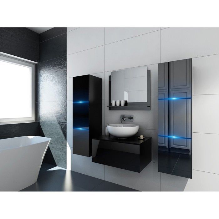 Ensemble meubles de salle de bain noir collection OWL. 2 colonnes, meuble sous vasque, miroir