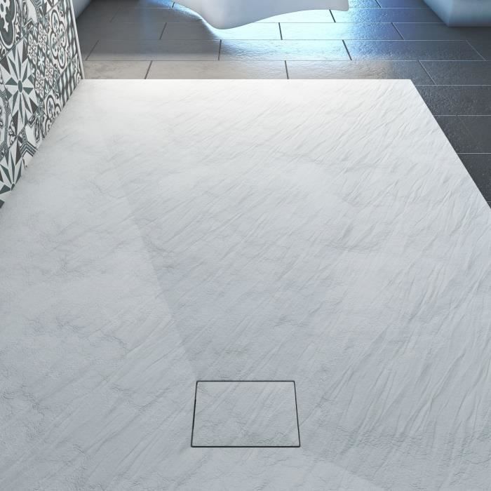 Plato de ducha de resina SMC con efecto piedra - AURLANE - Blanco - 90 x 140 cm - Pendiente de diamante - 40 mm de espesor