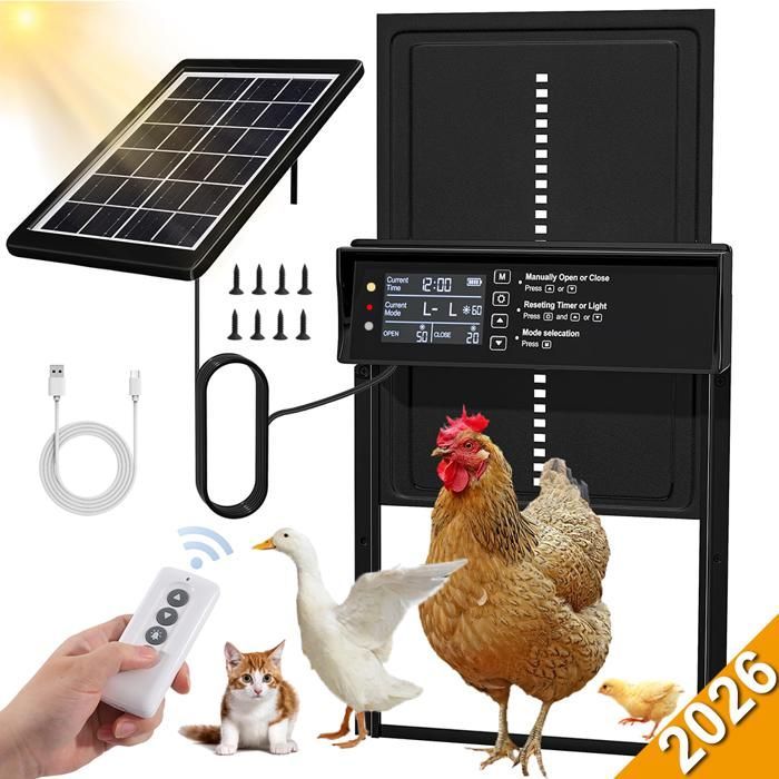 Puerta automática para gallinero con energía solar - Resistente al agua IPX6 - Temporizador de apertura - Control remoto inalámbrico - 328 x 244 mm