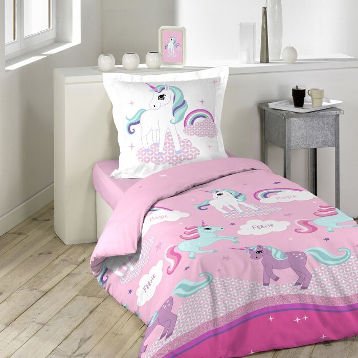 Children's duvet cover set 140x200 cm Unicorn + fitted sheet 90x190 White