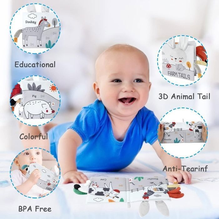 Livre Tissu Bébé Eveil,Jouet Educatif Enfant Idée Cadeau Dès la Naissance, Doux Froissé avec des Animaux (3D Lapin)