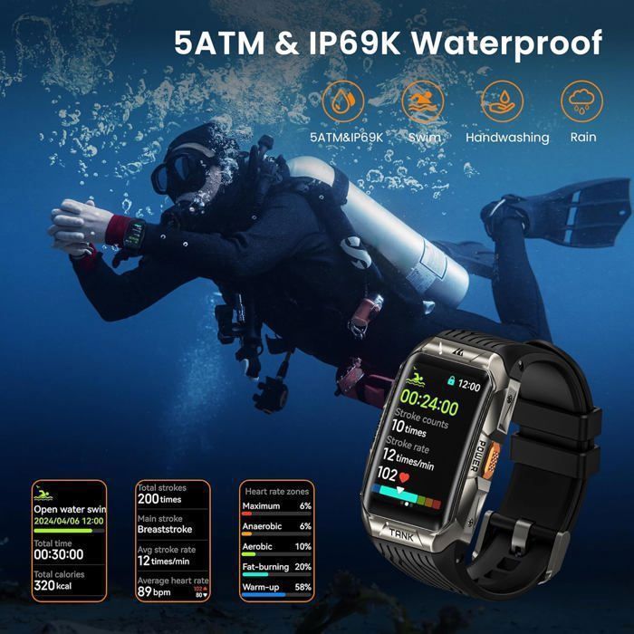 Montre Connectée homme SmartWatch GPS 5ATM KOSPET Tank X2 Ultra Tracker d'Activit pour Android iOS Samsung XIAOMI iphone - Noir
