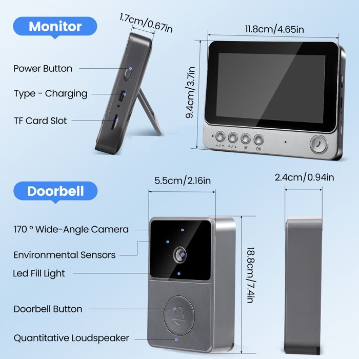 Sonnette sans Fil avec Caméra Extérieur Étanche 1080P, Visiophone Vidéo sans Fil Écran 4.3