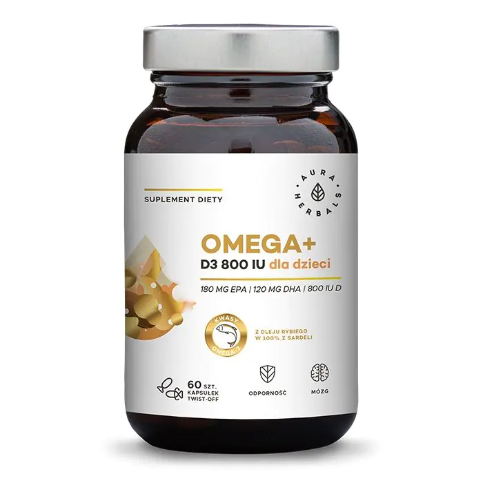 Aura Herbals, Omega+ Witamina D3 800 IU dla dzieci, Kapsułki twist-off