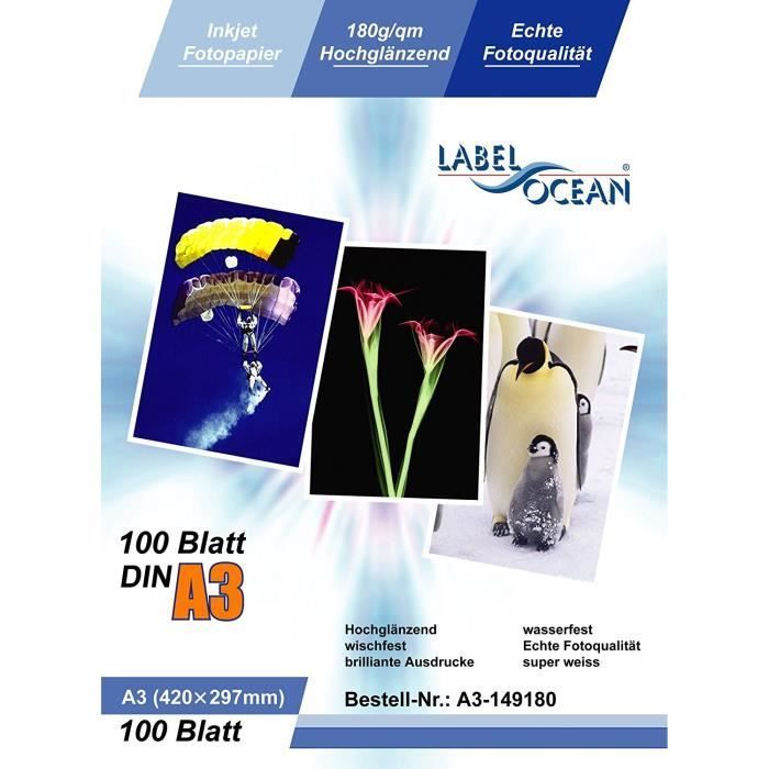 LabelOcean - 100 Sheets of A3 Premium High Gloss Photo Paper 180g