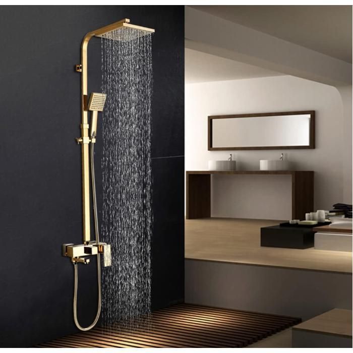 Colonne de Douche Ensemble de Douche, Set de Douche en Laiton,Douche de Pluie 20x20cm et Barre de Hauteur Ajustable, Doré