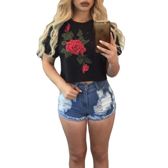Camiseta negra ajustada para mujer - LEOCLOTHO - Flor rosa - Cuello irregular - Manga corta