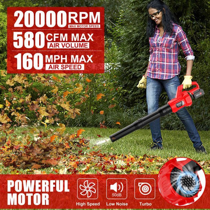 Souffleur de feuilles sans fil TANBABY 21V (2×4,0Ah) — 25 m/s, 580 CFM, 1,5 kg, silencieux 50 dB (pack batteries)