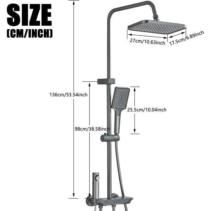 Dunkelgraue Duschsäule, verstellbares Duschset 70–110 cm mit 27 x 18 cm großem ABS-Duschkopf, 4-stufige Duschsäule