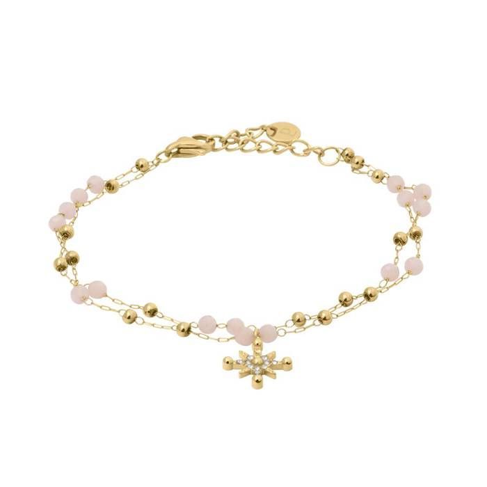 Bracelet Chaîne Femme AUSTRALE Acier Doré Perles Roses Mousqueton et Rose