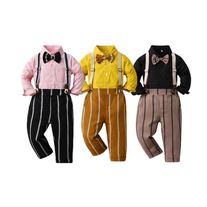 Conjunto de roupa de algodão para bebê menino, 2 peças, tamanhos de 9 meses a 12 anos, para casamentos e batizados, listras amarelas.