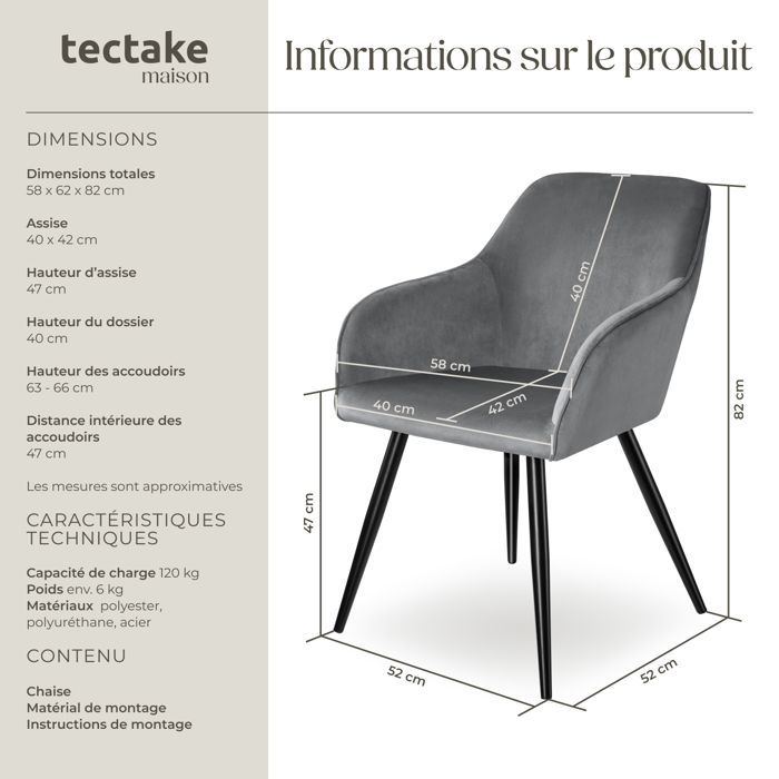 Sedia - TECTAKE - Sedia da pranzo MARYLIN in velluto con gambe in acciaio nero - Grigio/Nero