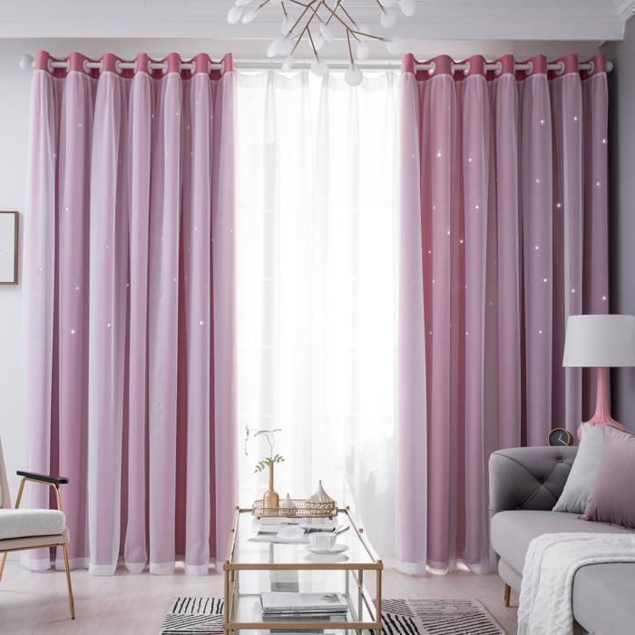 2 paneles - Cortina doble - Diseño de estrella calada - Opaca - 100 x 250 cm - Rosa - Para salón y dormitorio