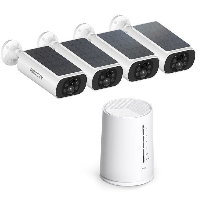 ARCCTV 4MP draadloze bewakingscameraset, videobewaking + 4 camera's op zonne-energie + 1 4-kanaals station met 64GB SD-kaart