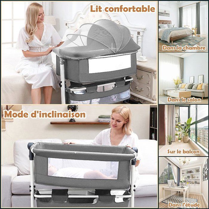 Cuna colecho para bebés de 0 a 36 meses, altura ajustable, con colchón, mosquitera, cesta de almacenamiento y ruedas - Gris