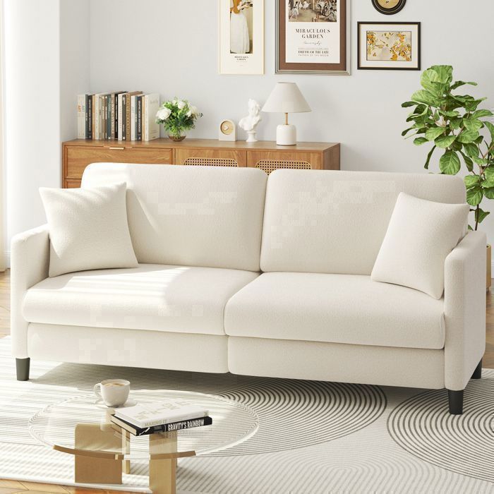 Canapé 3 Places en Velours Teddy Beige pour salon,Canapé Moderne Scandinave avec trois coussins,pieds en bois,193×78×85CM