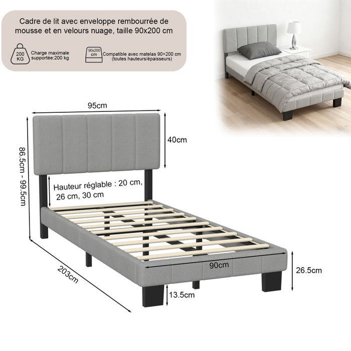 Cama infantil de 90 x 200 cm con somier de láminas incluido, estructura moderna, cabecero regulable en altura, color gris.