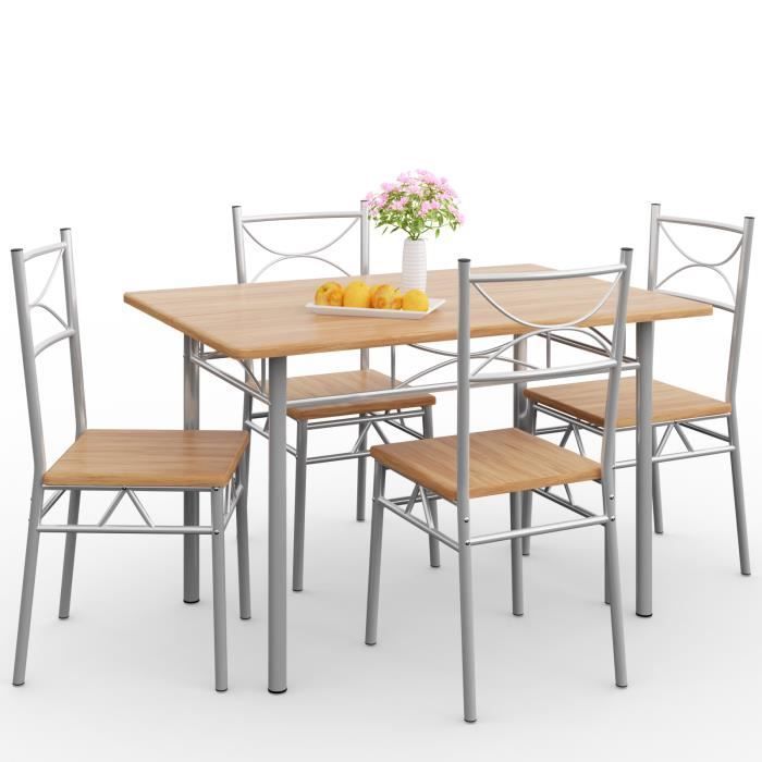 Juego de comedor Paul de 5 piezas en madera de haya: 1 mesa, 4 sillas de metal lacado, diseño elegante.