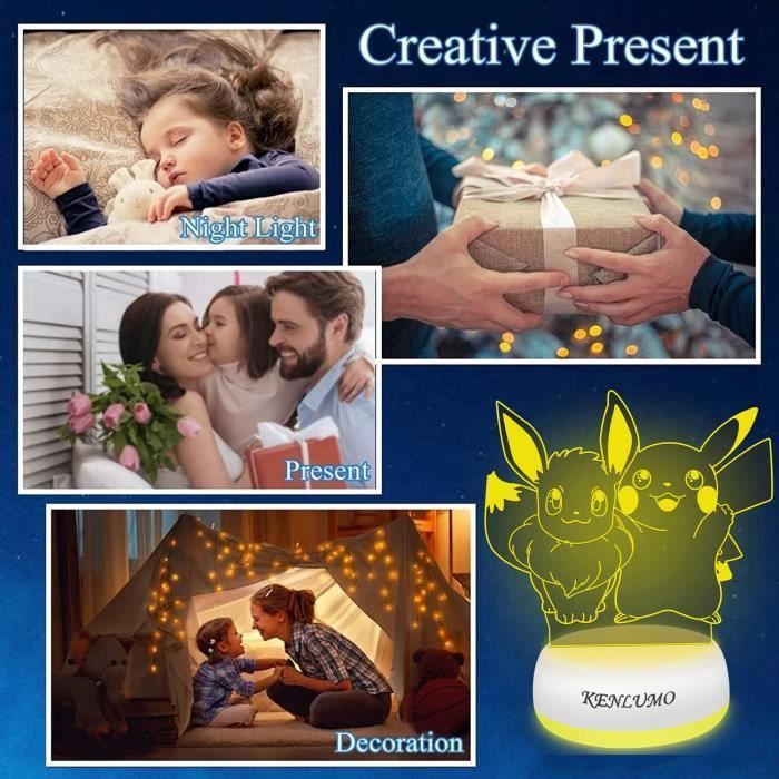 Lampada KENLUMO Eevee Pikachu, regalo di Natale per bambini, lampada da comodino a LED Pokemon con telecomando, tocco per cambiare colore, decorativa