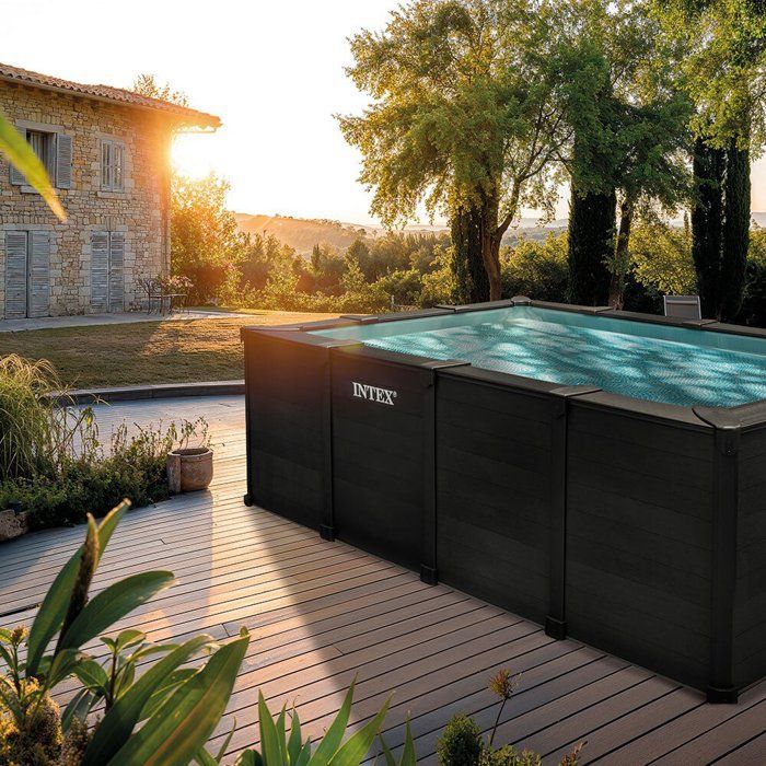 Kit de piscina tubular desmontable Intex - Grafito - 400 x 300 cm - Rectangular (escalera, válvulas, filtro, cubierta) - 26396GN