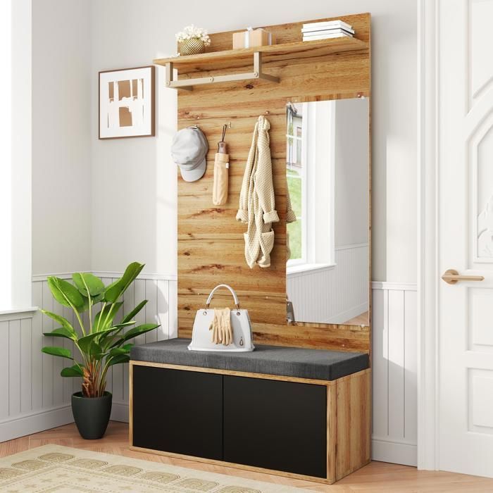Mueble de recibidor de madera de 100x38x190 cm con perchero, espejo, banco tapizado, zapatero y estantes - Negro+Natural