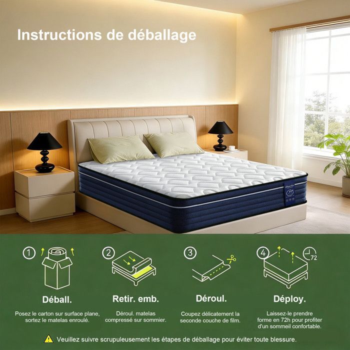 Colchón de 140x200 cm, extra grueso de 26 cm - PREMIUM - Espuma viscoelástica - Firmeza media - 7 zonas ergonómicas, muelles ensacados