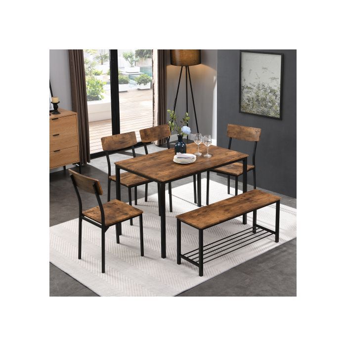 SogesHome TABLE A MANGER AVEC CHAISES Bois & Acier, Set 1 Table + 6 Sièges, 110x70x75 cm