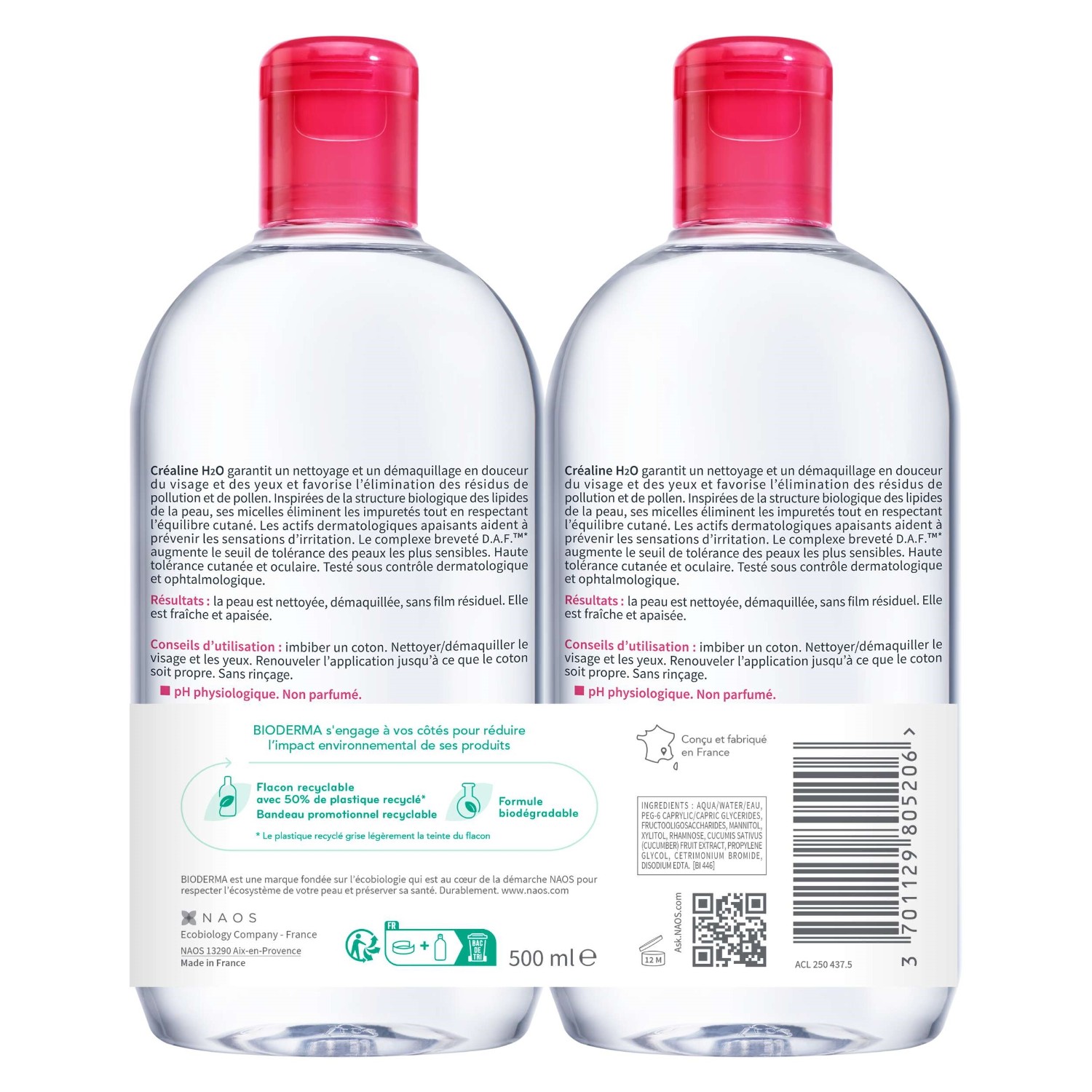 Bioderma CREALINE H2O, eau micellaire démaquillante 2 x 500 ml Peaux sensibles