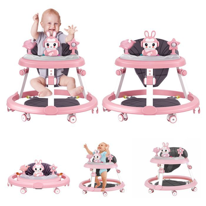 Musikalischer, faltbarer Lauflernwagen – Höhenverstellbar – Baby-Scooter – Fußmatte – Rosa