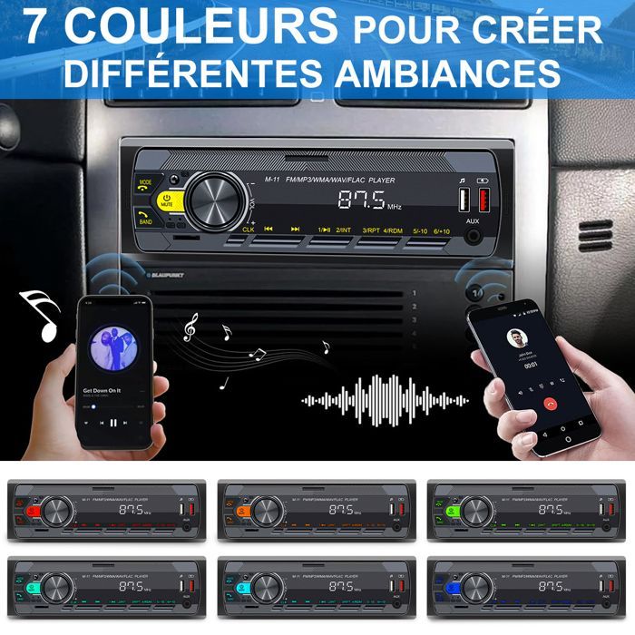 Radio para coche Bluetooth de 1 DIN, radio estéreo de 7 colores con asistente de voz + aplicación, radio para coche Bluetooth 5.0 / MP3/WMA/WAV/FLAC/APE