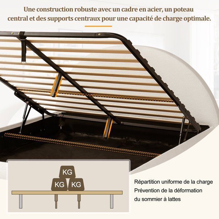 Merax Lit Double 180x200 cm avec Coffre Rangement Hydraulique en Velours Bouclé Blanc