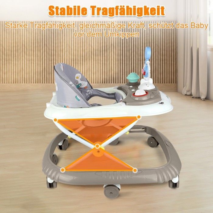 Girello 4 in 1 per bambini - XUANYU - Con vassoio multi-attività interattivo rimovibile con musica - Regolabile e pieghevole - Marrone