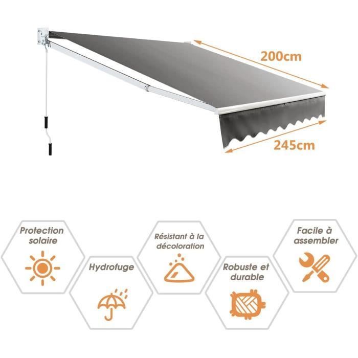 RELAX4LIFE Store Banne Rétractable Manuel en Alu, Angle Ajustable 40°-100°, pour Balcon, Fenêtre, Terrasse, Jardin, 245x200cm, Gris
