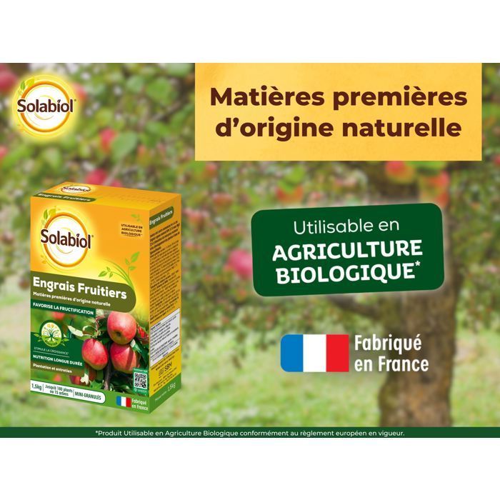 SOLABIOL Engrais fruitiers - 1,5kg - Jusqu'à 180 plants - Stimulateur de croissance - Nutrition longue durée - UAB SOFRUY15