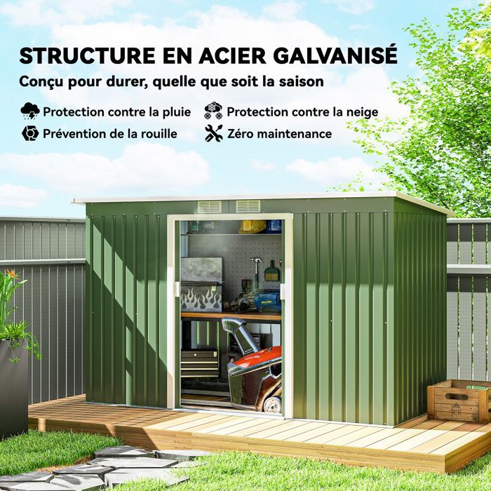 Abri de Jardin 3,6 m² Outsunny Remise à Outils avec kit de fondation en Acier galvanisé avec Portes coulissantes Vert clair