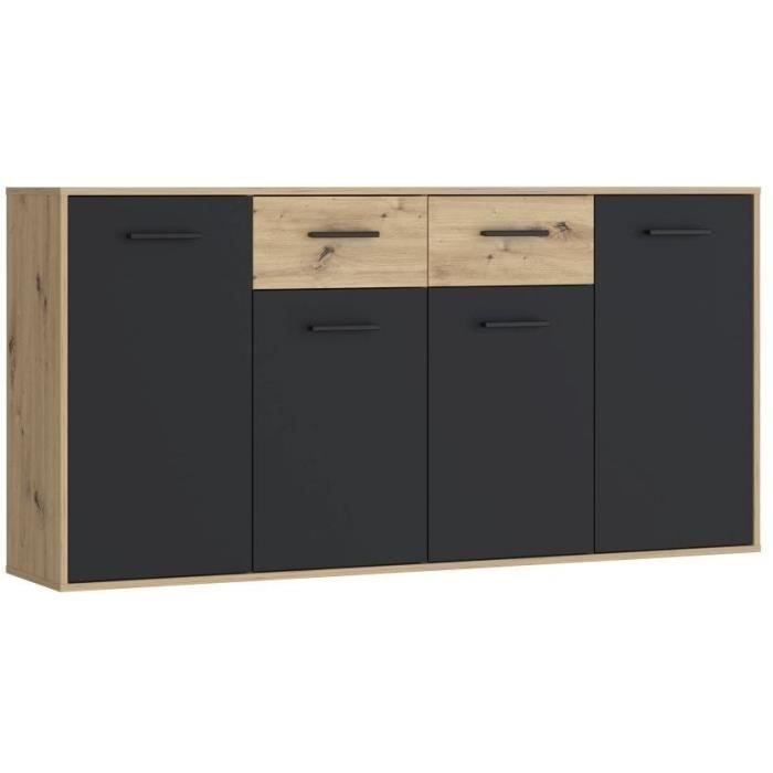 Buffet PILVI - Style contemporain - Particules mélaminé - Décor Chêne et noir - 4 portes + 2 tiroirs - L 162,3 x P 34,2 x H 81,7 cm