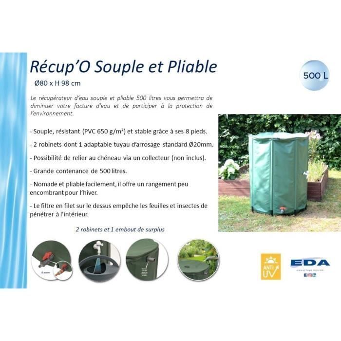 EDA - Serbatoio per acqua flessibile e pieghevole da 500 litri - con filtro a rete + 2 rubinetti - Resistente alle intemperie - Ø 80 x H.98 cm