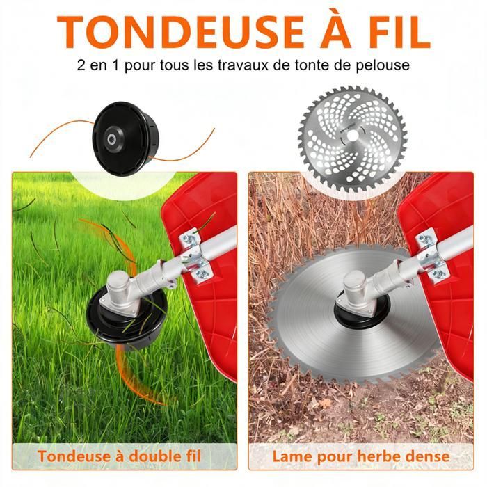 Coupe-bordures Thermique 52cc - FIANAO - Multifonction - Lame 3 Dents - Tête Nylon - Extension 134cm - Moteur 2 Temps