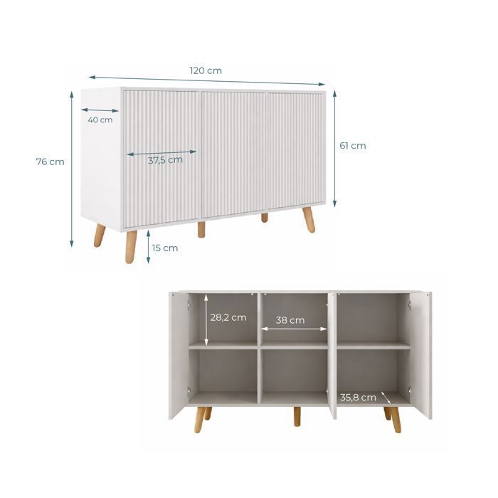 Buffet Enfilade RENZO - Design 3D Strié - 3 Portes Push-to-Open - L 120 cm - Blanc Mat - Pieds 15 cm - Style Scandinave