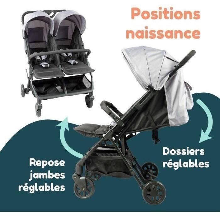 Bambisol - DS209 GRIGIO NERO - Passeggino doppio affiancato | Per gemelli dalla nascita, chiusura ultracompatta | Nero Grigio