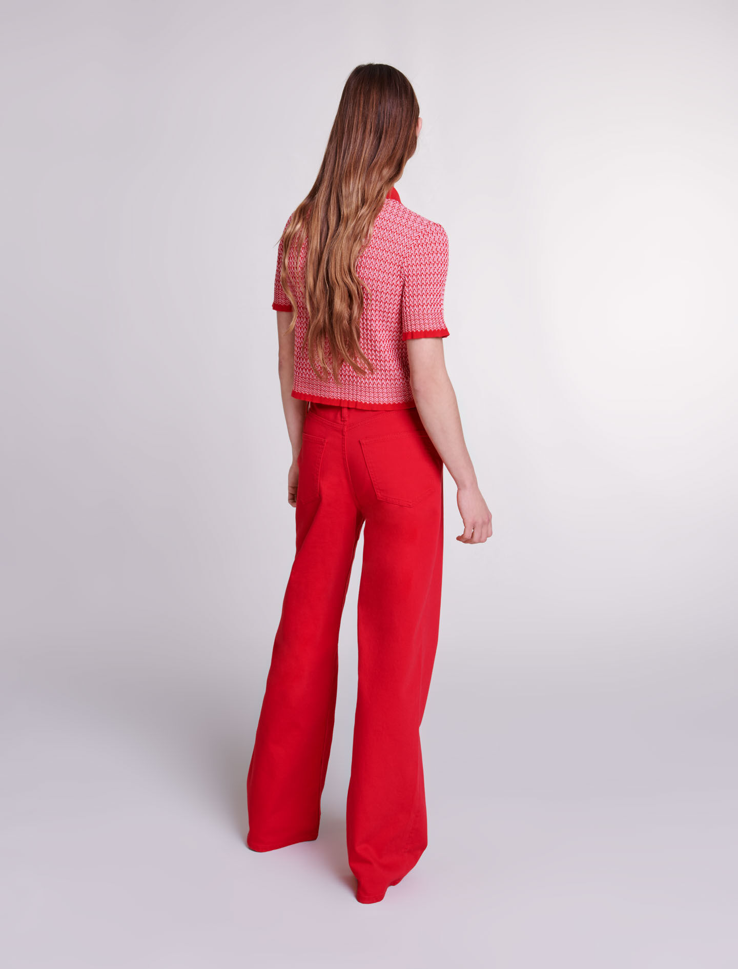Korte poloshirt met visgraatpatroon - Rood
