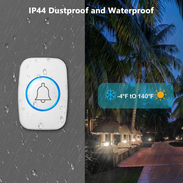 Campanello senza fili per esterni IP44 300 m – 60 melodie, 5 livelli di volume, bianco